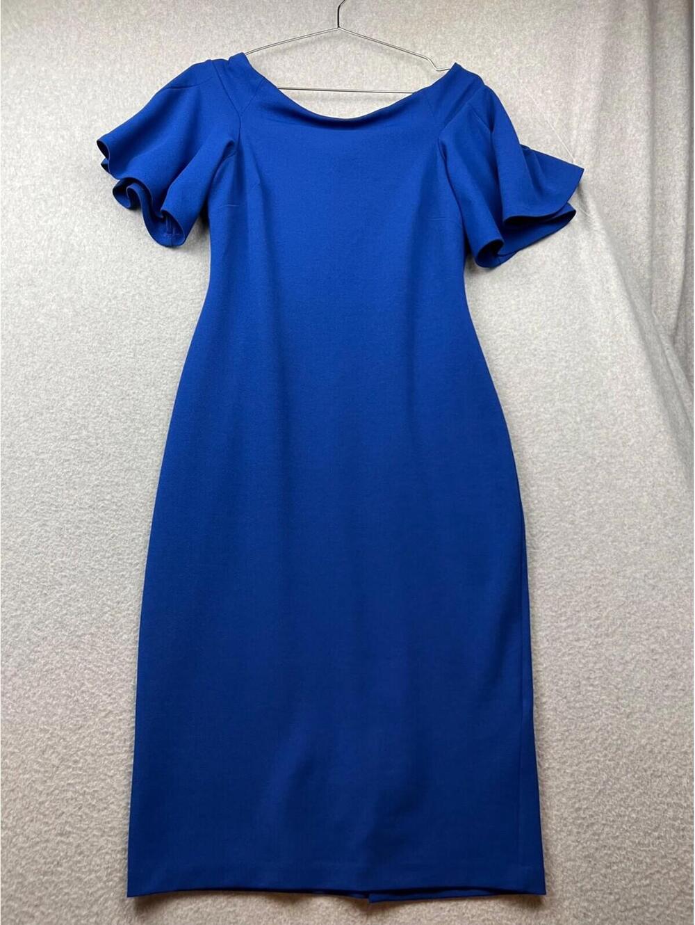 Bebe Sheath Midi Dress Womens Size 6 Flutter Sleeve Minimalist Chic Blue